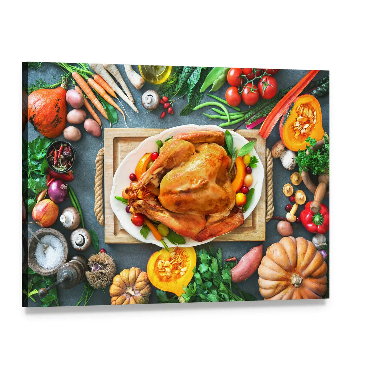 Thanksgiving Roasted Turkey Canvas Wall Art, single panel gallery wrapped canvas, angled product view