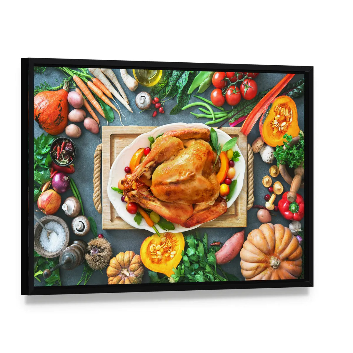 Thanksgiving Roasted Turkey Canvas Wall Art, framed canvas in a black floater frame, angled product view