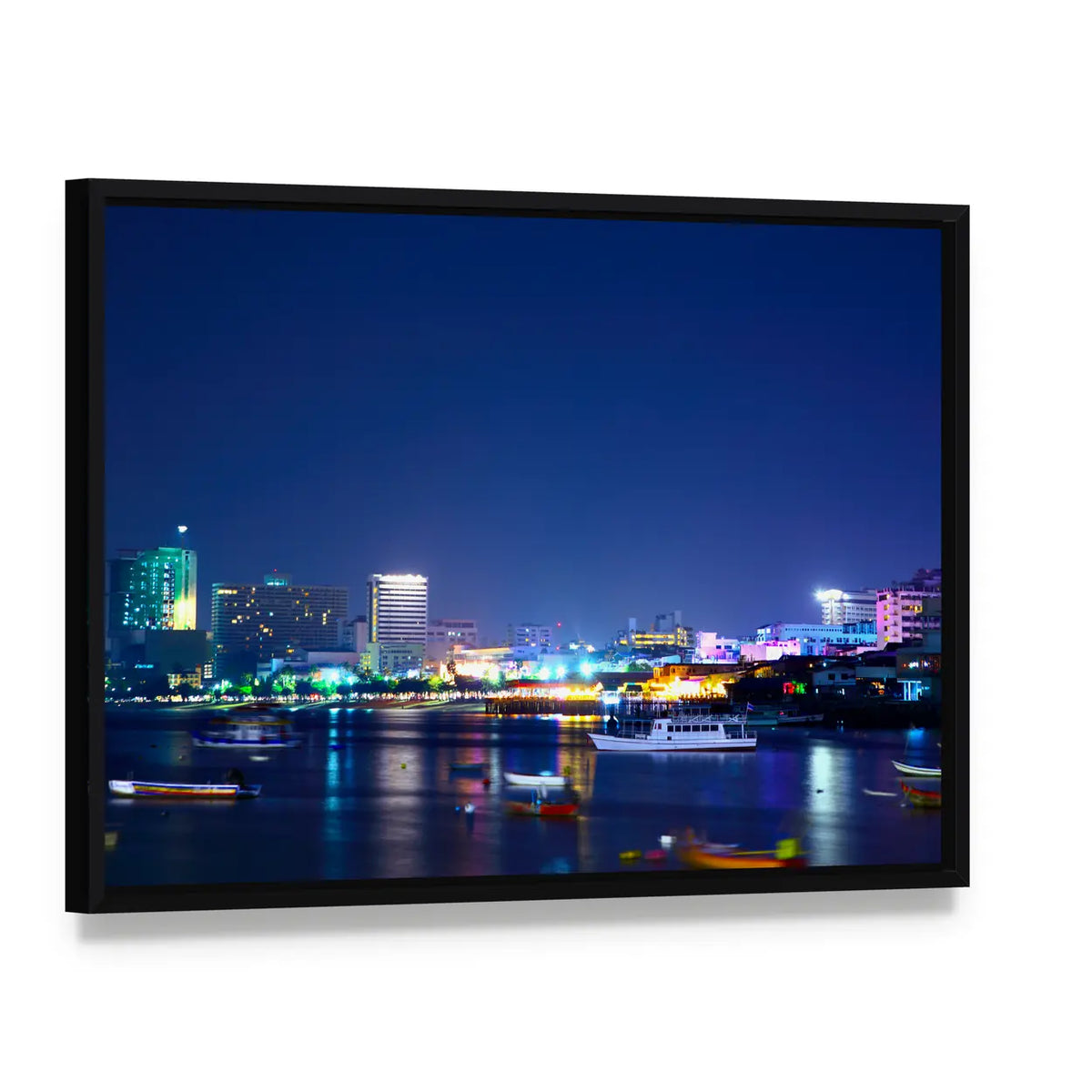 Night View Of The Pattaya City In Thailand Canvas Wall Art, framed canvas in a black floater frame, angled product view