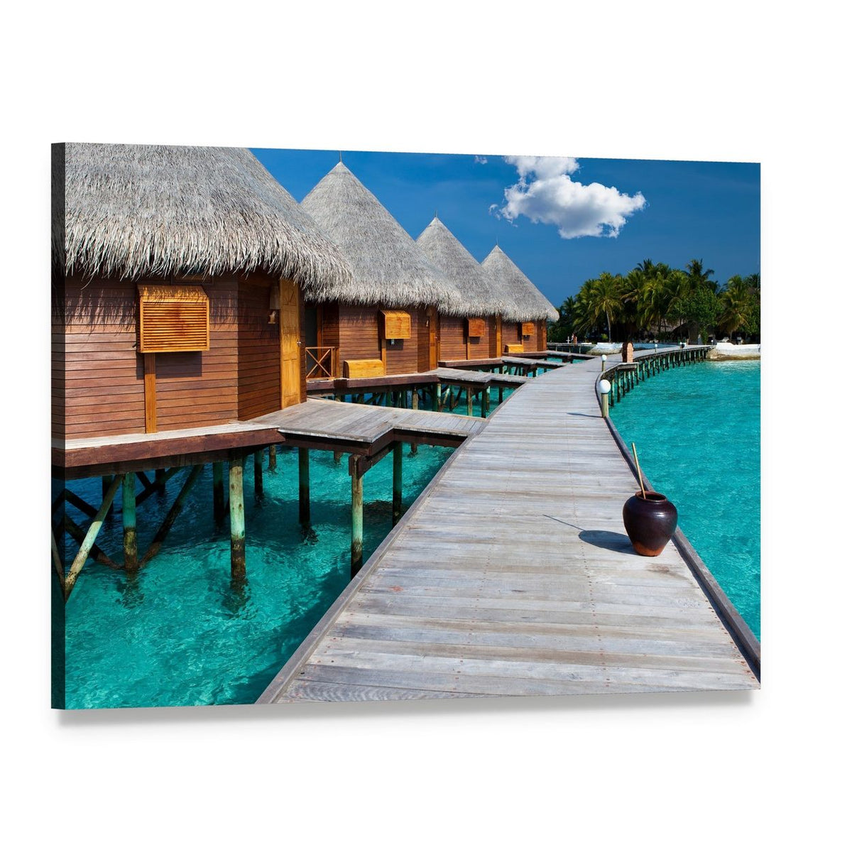 Maldives Overwater Bungalows and Pier Canvas Wall Art, single panel gallery wrapped canvas, angled product view
