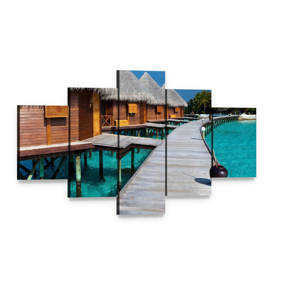 Maldives Overwater Bungalows and Pier Canvas Wall Art, 5 panel 5 Star layout gallery wrapped canvas set, angled product view