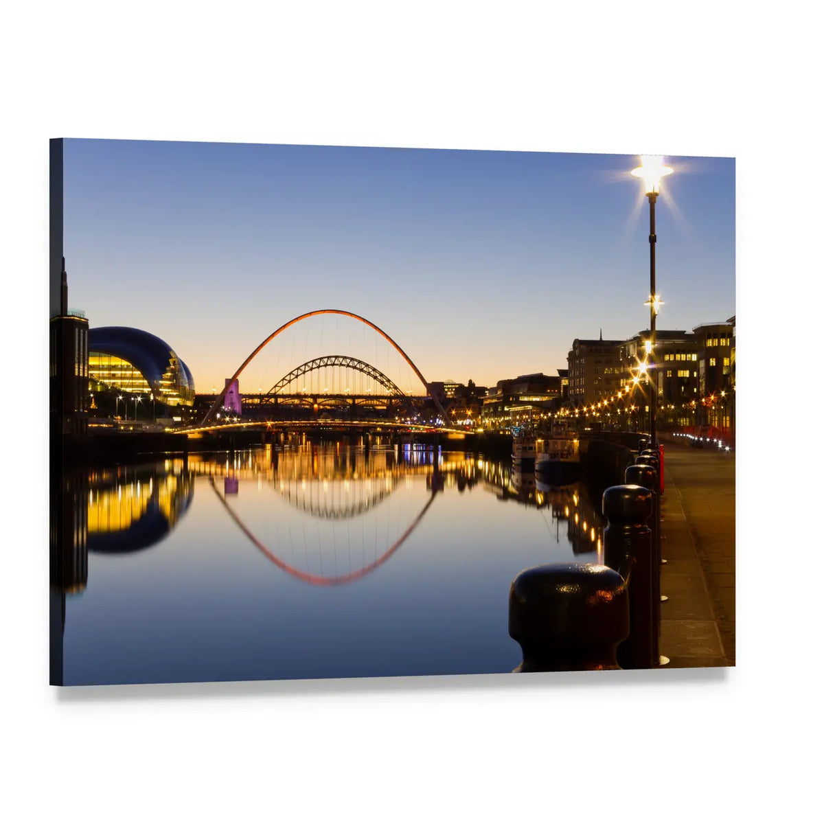 Gateshead Millennium Bridge Reflection Canvas Wall Art, single panel gallery wrapped canvas, angled product view