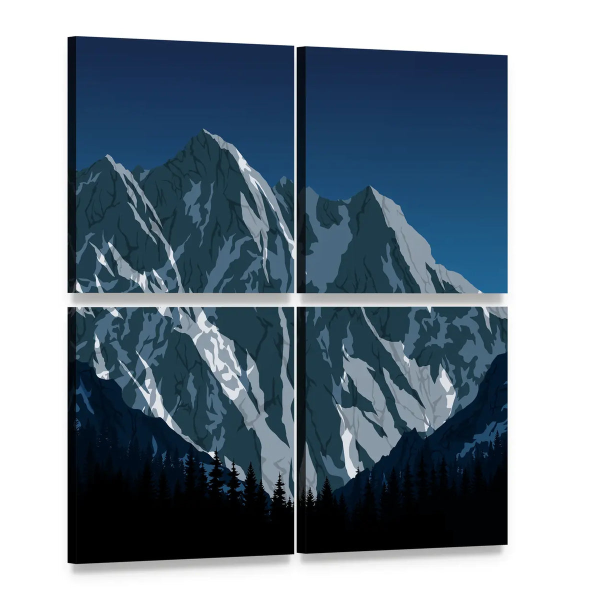 Himalayan Snow-capped Peaks Illustration Canvas Wall Art, 4 panel 4 Square layout gallery wrapped canvas set, angled product view