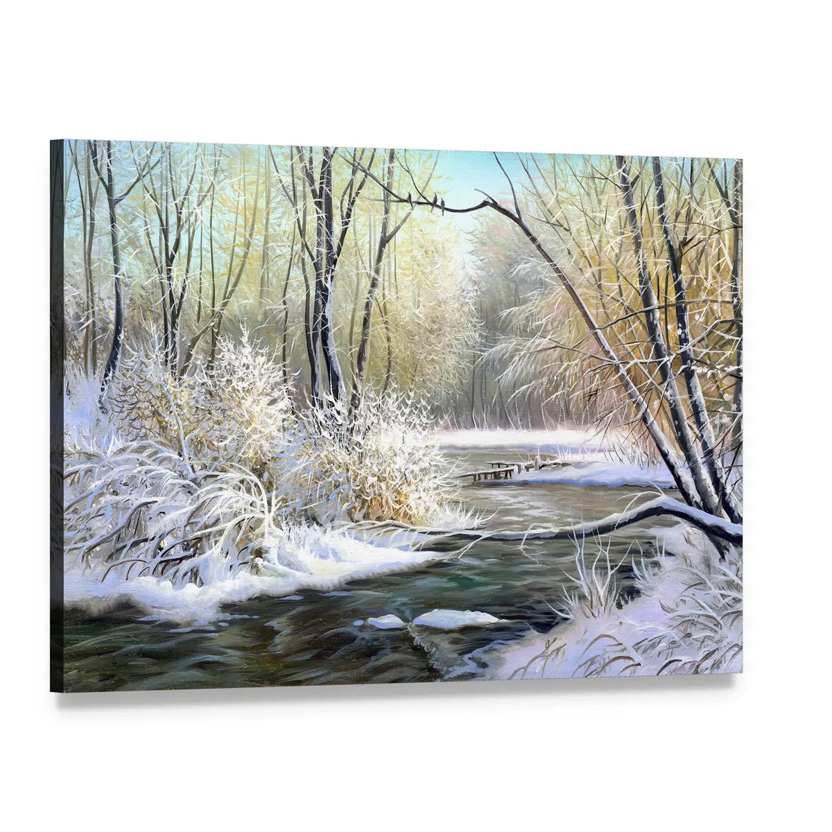 River in Winter Forest Canvas Wall Art, single panel gallery wrapped canvas, angled product view