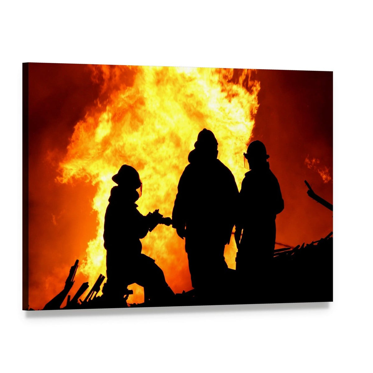Three Firefighters Fighting a Fire Canvas Wall Art, single panel gallery wrapped canvas, angled product view