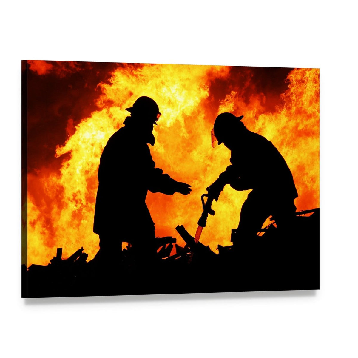 Two Firefighters Silhouetted Against Flames Canvas Wall Art, single panel gallery wrapped canvas, angled product view