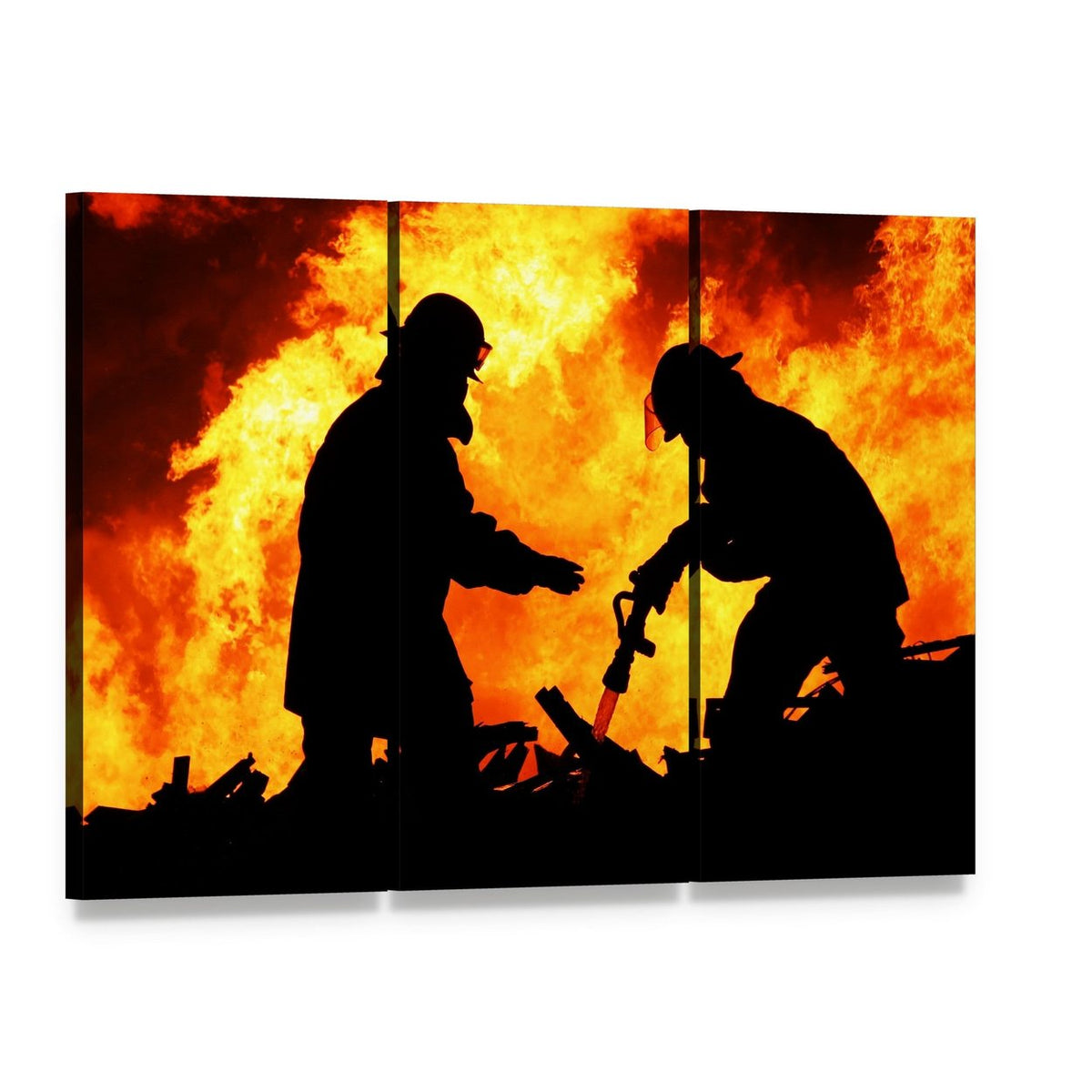 Two Firefighters Silhouetted Against Flames Canvas Wall Art, 3 panel 3 Horizontal layout gallery wrapped canvas set, angled product view