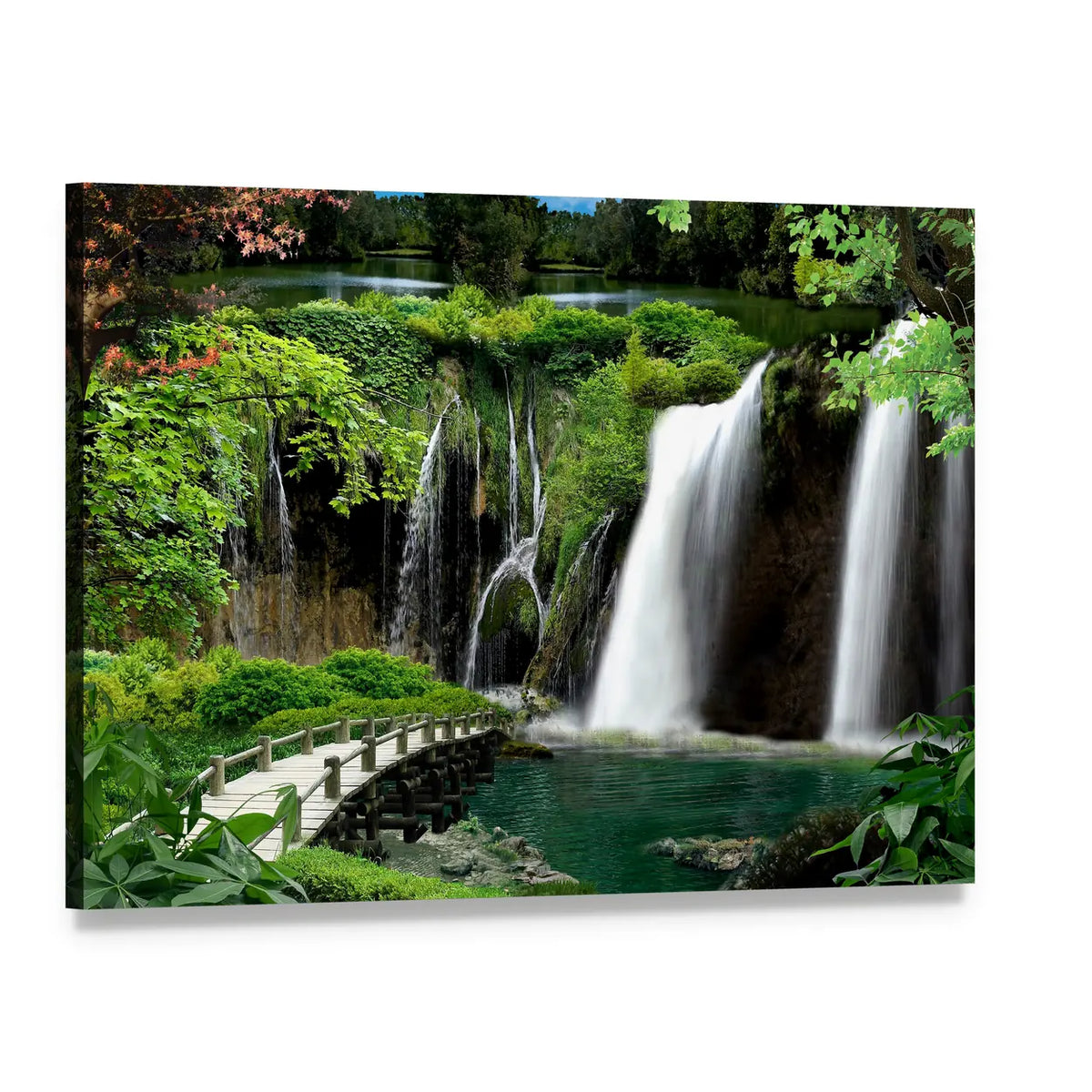 Stone Bridge and Cascading Waterfalls Canvas Wall Art, single panel gallery wrapped canvas, angled product view