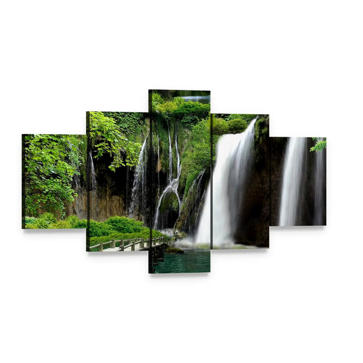 Stone Bridge and Cascading Waterfalls Canvas Wall Art, 5 panel 5 Star layout gallery wrapped canvas set, angled product view