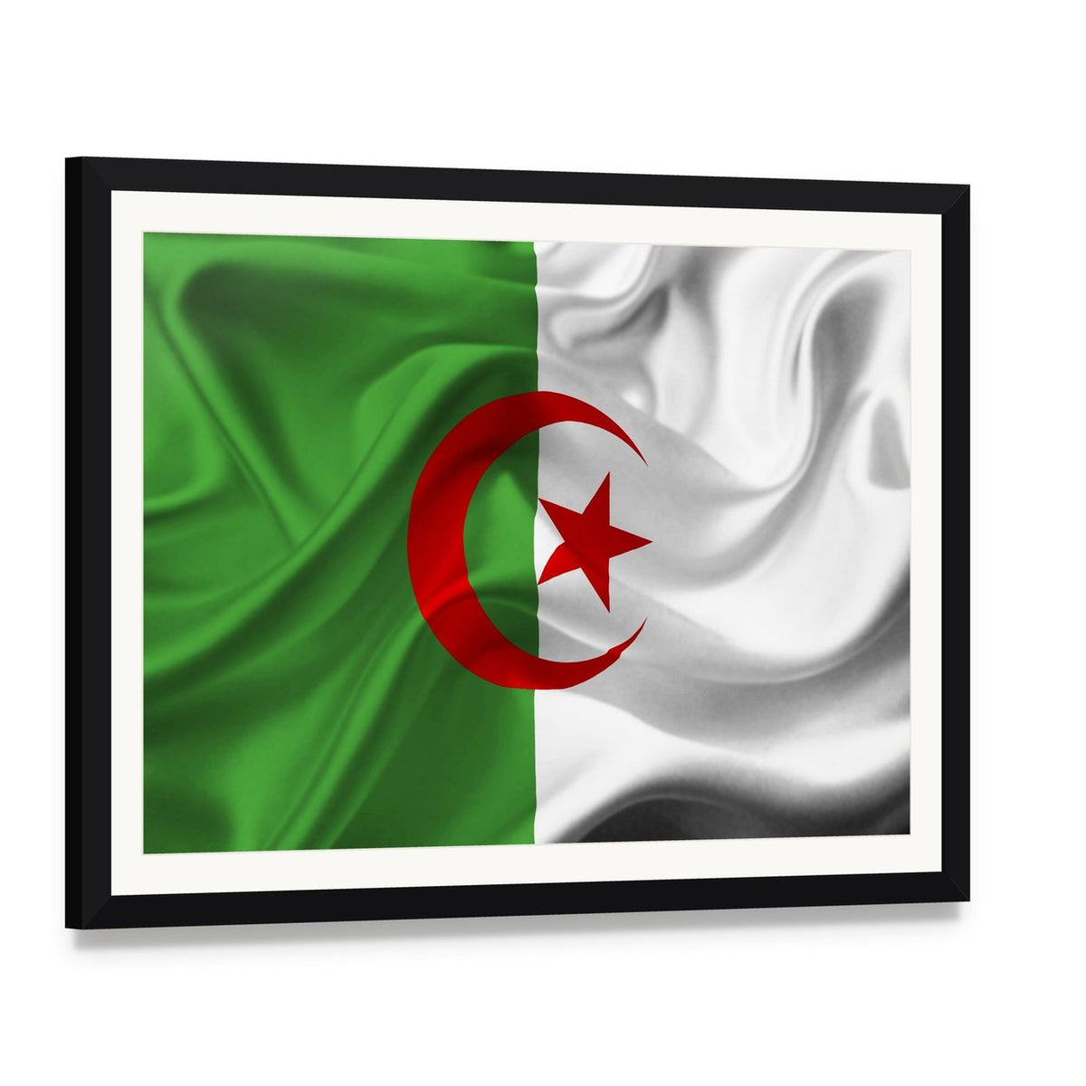 Draped Algerian Flag Canvas Wall Art, framed print with white mat and black frame, angled product view