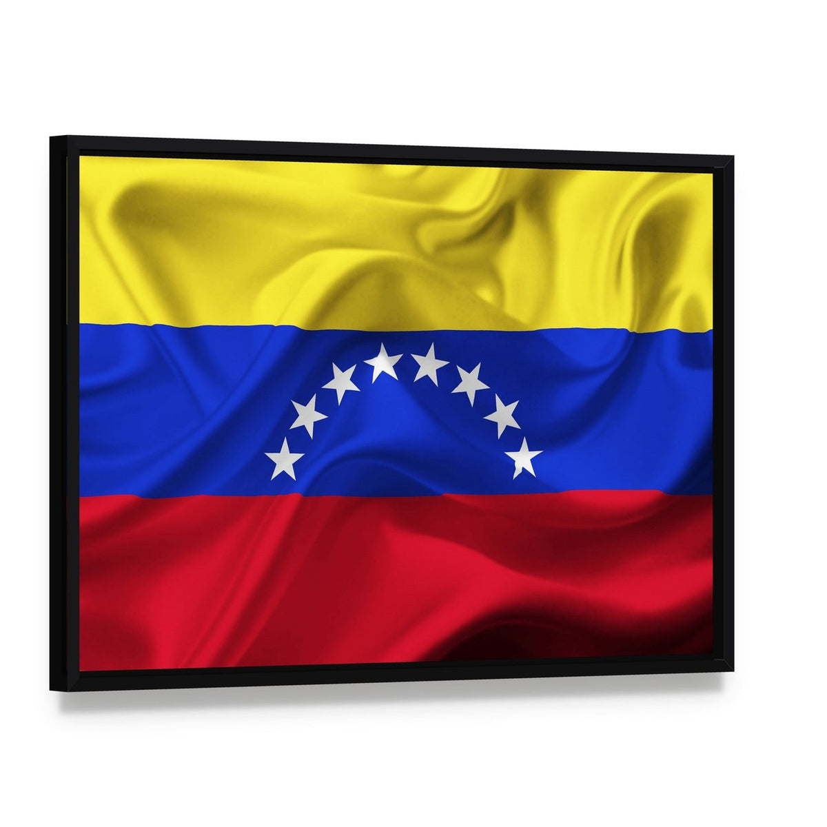 Venezuelan Waving Flag with Seven Stars Canvas Wall Art, framed canvas in a black floater frame, angled product view