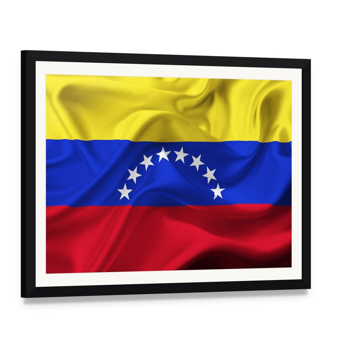 Venezuelan Waving Flag with Seven Stars Canvas Wall Art, framed print with white mat and black frame, angled product view
