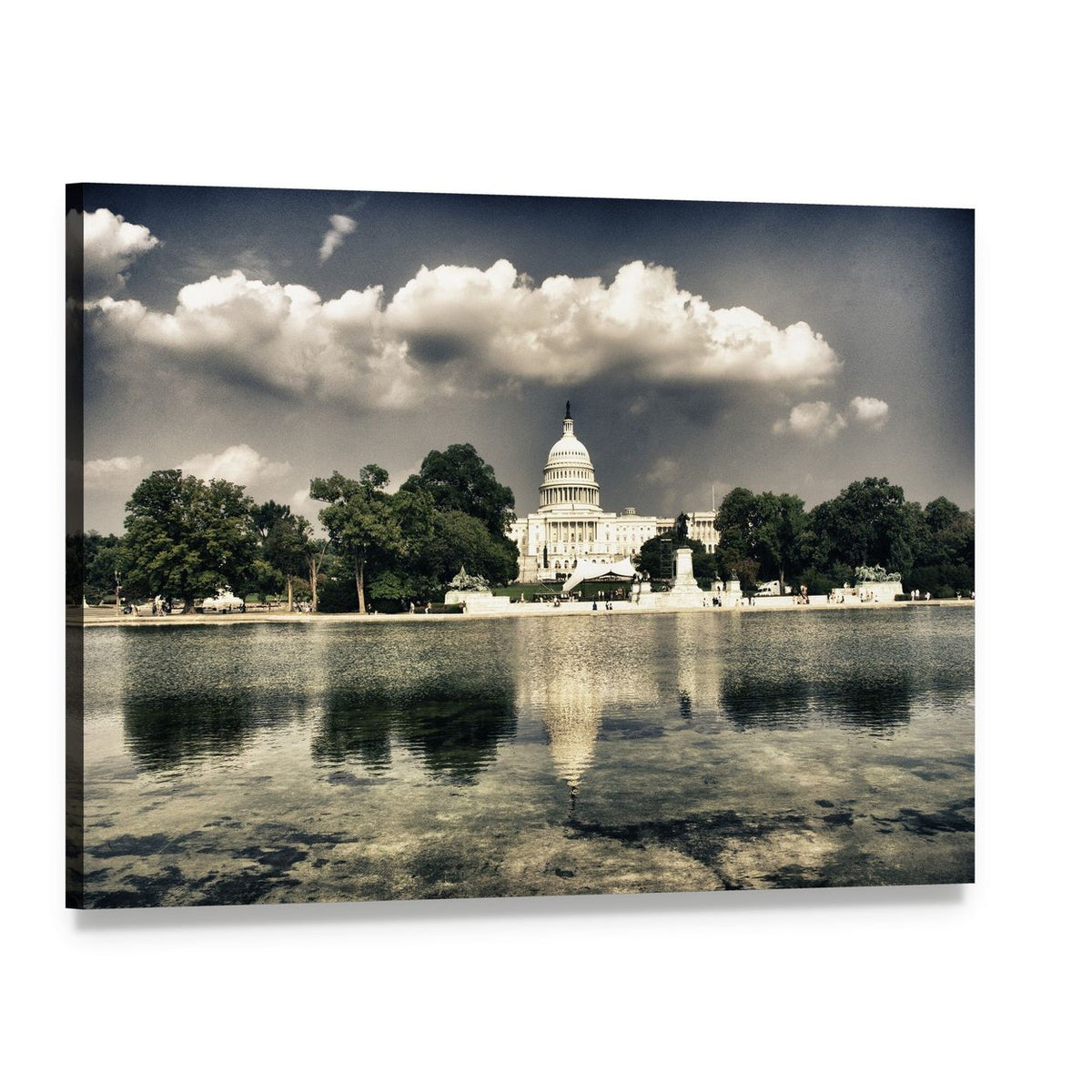 United States Capitol Sepia Reflection Photo Canvas Wall Art, single panel gallery wrapped canvas, angled product view