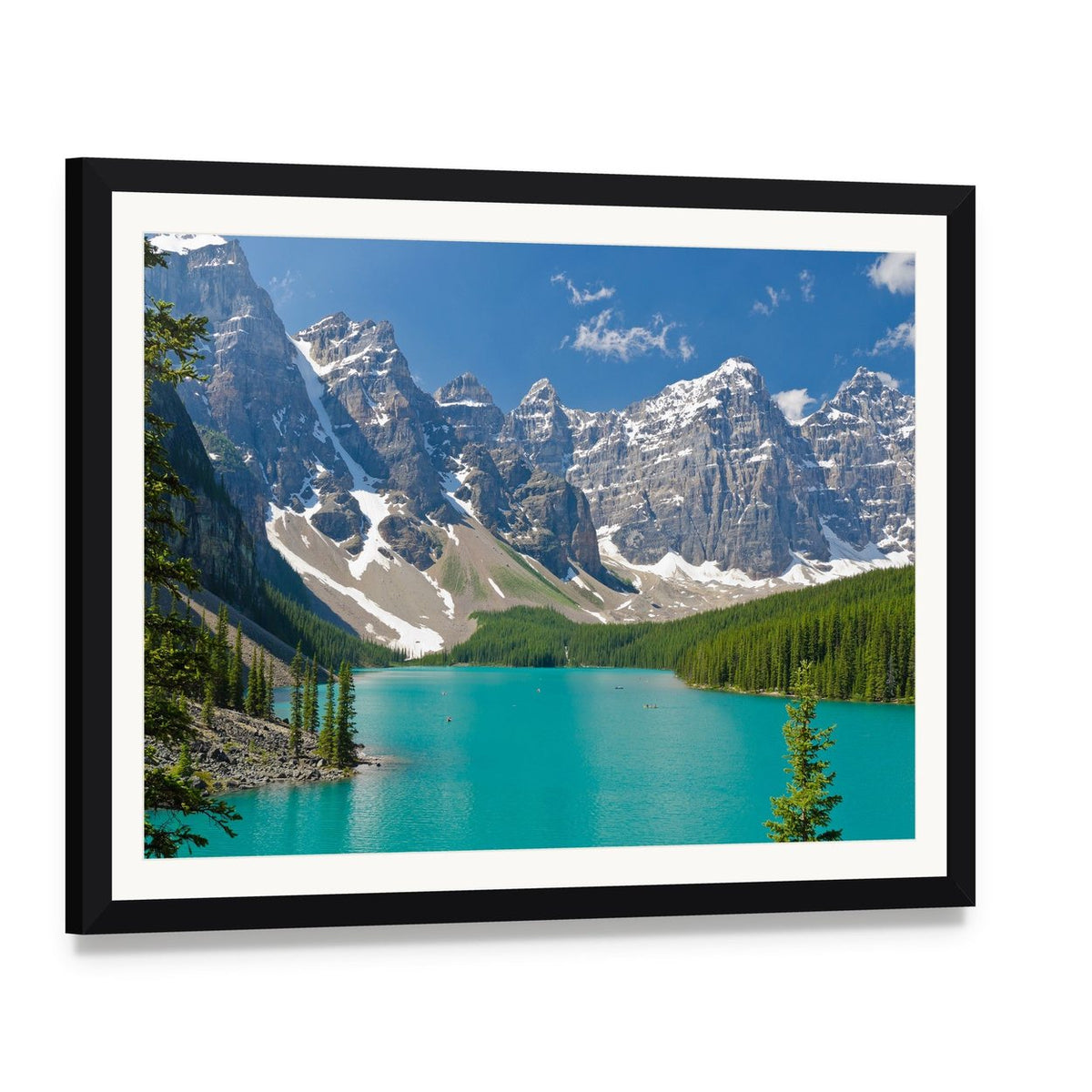 Majestic Moraine Lake Canvas Wall Art, framed print with white mat and black frame, angled product view