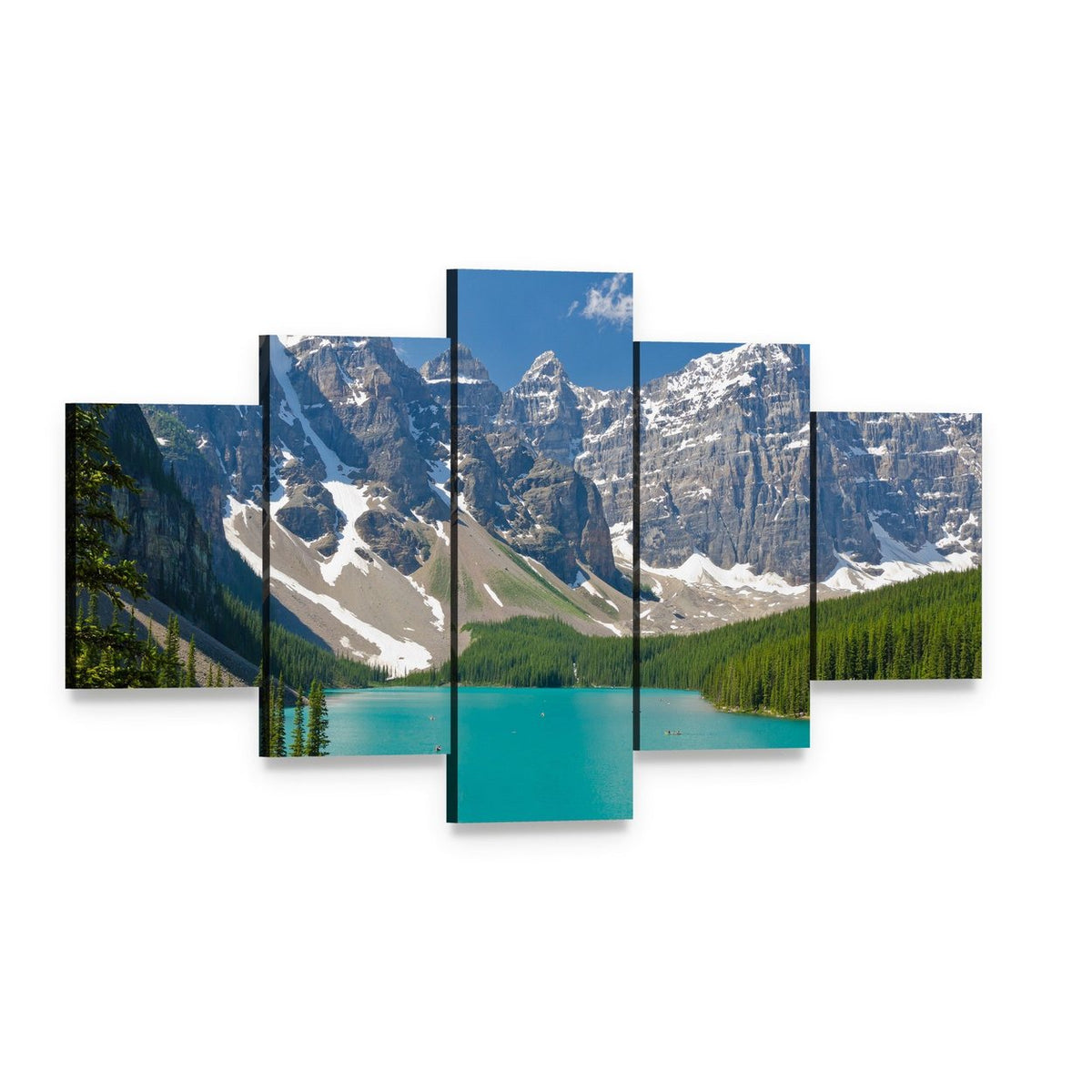 Majestic Moraine Lake Canvas Wall Art, 5 panel 5 Star layout gallery wrapped canvas set, angled product view