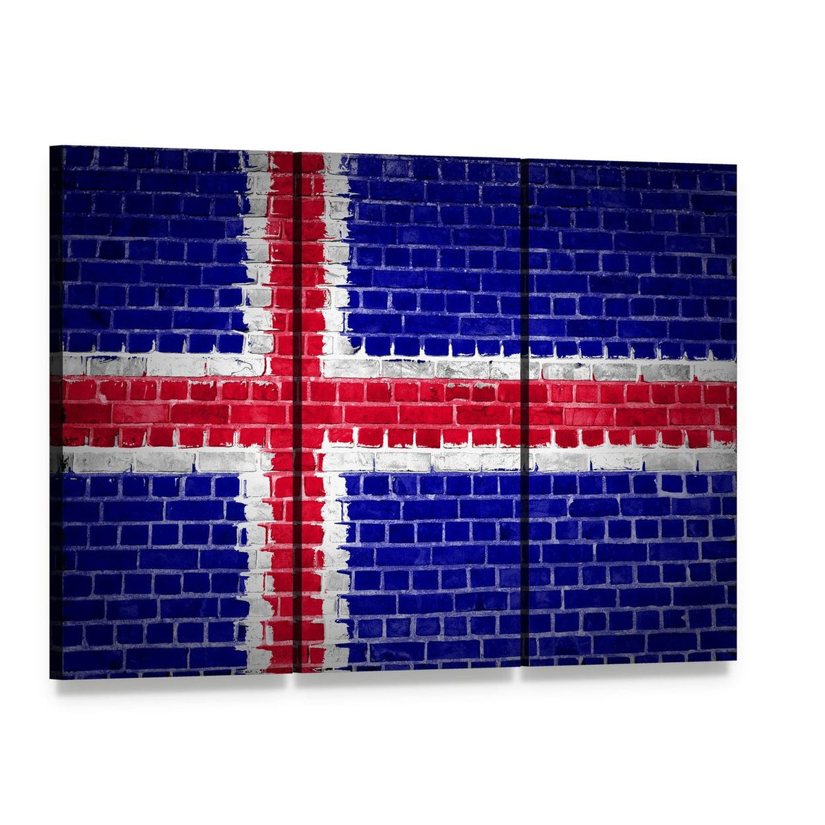 Icelandic Flag on Brick Canvas Wall Art, 3 panel 3 Horizontal layout gallery wrapped canvas set, angled product view