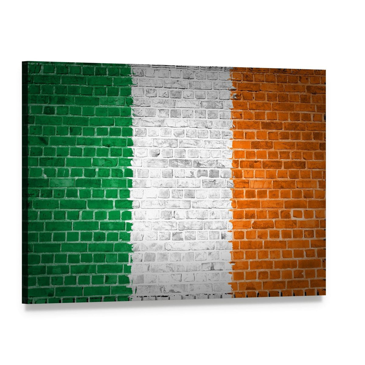 Irish Flag on Brick Canvas Wall Art, single panel gallery wrapped canvas, angled product view