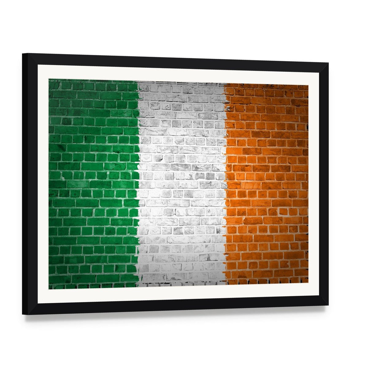 Irish Flag on Brick Canvas Wall Art, framed print with white mat and black frame, angled product view