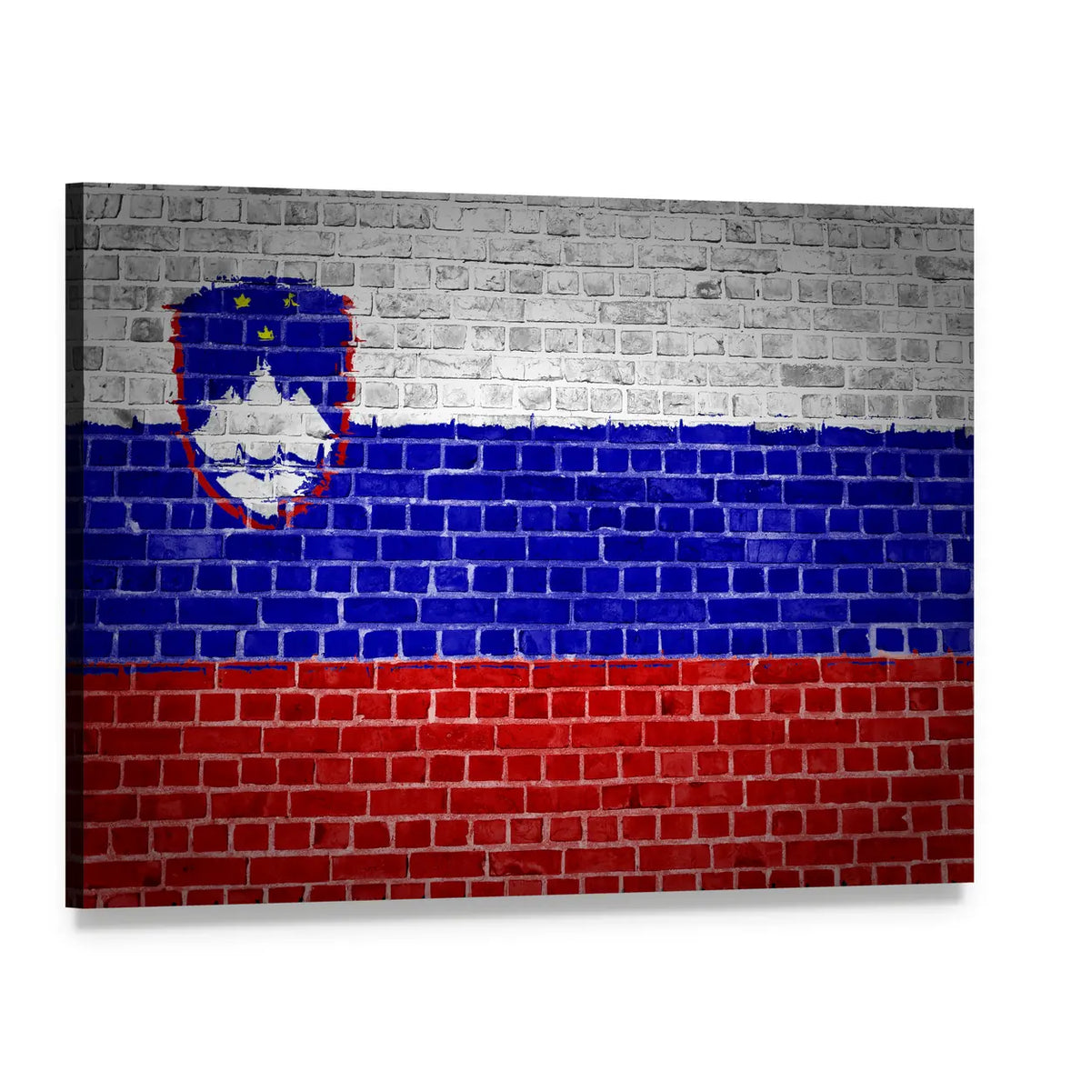 Slovenian Flag on Weathered Brick Canvas Wall Art, single panel gallery wrapped canvas, angled product view