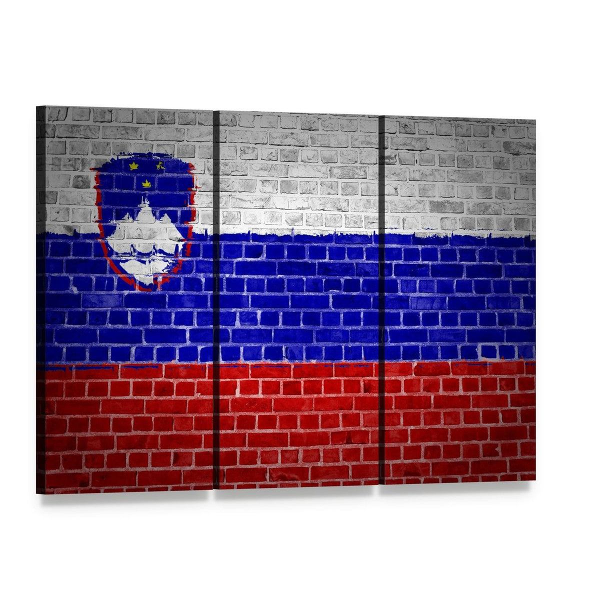 Slovenian Flag on Brick Canvas Wall Art, 3 panel 3 Horizontal layout gallery wrapped canvas set, angled product view
