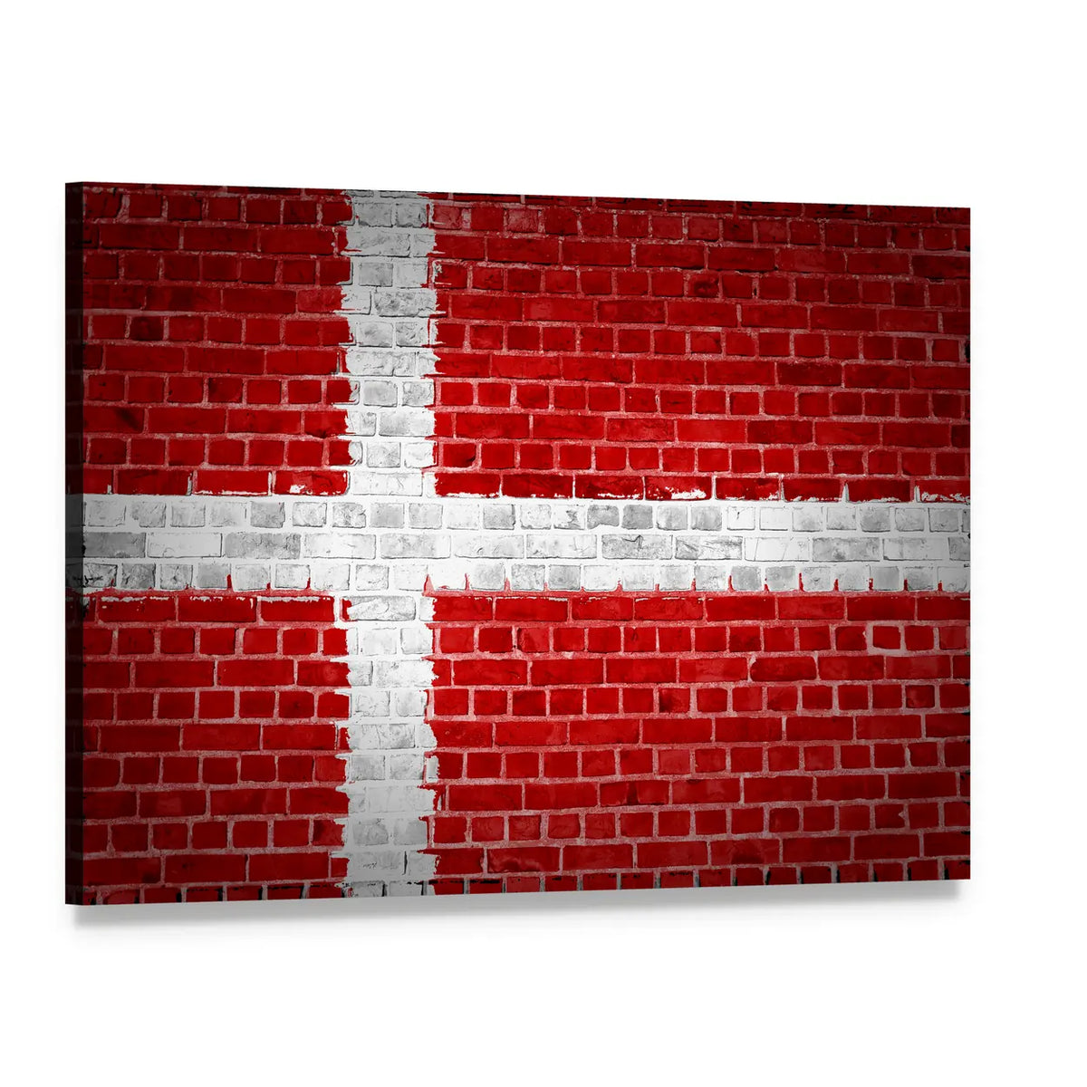Danish Flag on Weathered Brick Canvas Wall Art, single panel gallery wrapped canvas, angled product view