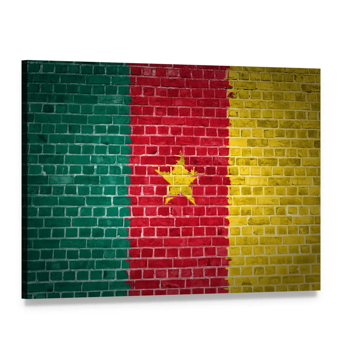 Cameroon Flag on Weathered Brick Canvas Wall Art, single panel gallery wrapped canvas, angled product view