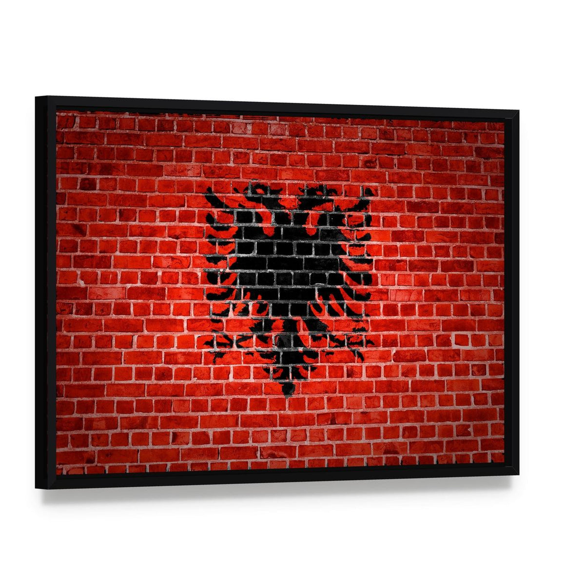 Albanian Flag on Brick Canvas Wall Art, framed canvas in a black floater frame, angled product view