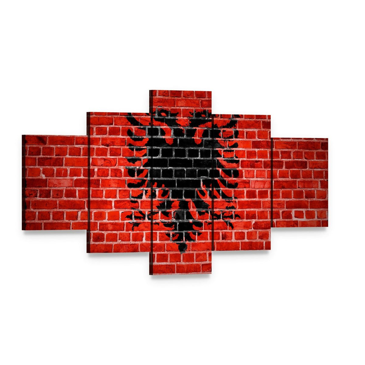Albanian Flag on Brick Canvas Wall Art, 5 panel 5 Star layout gallery wrapped canvas set, angled product view