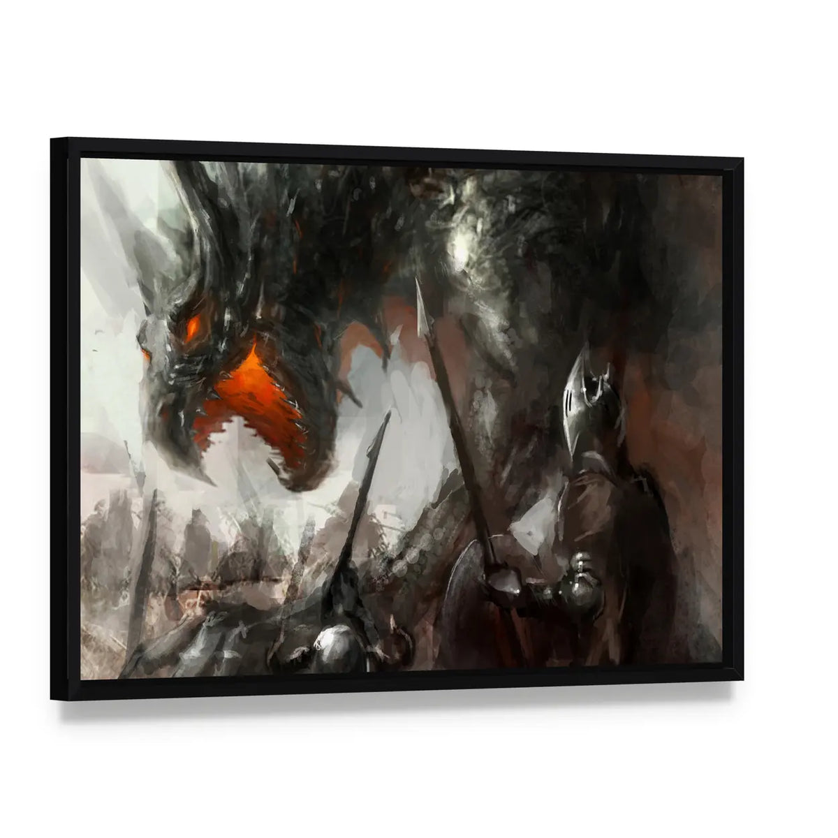 Knights Hunting Dragon Canvas Wall Art, framed canvas in a black floater frame, angled product view