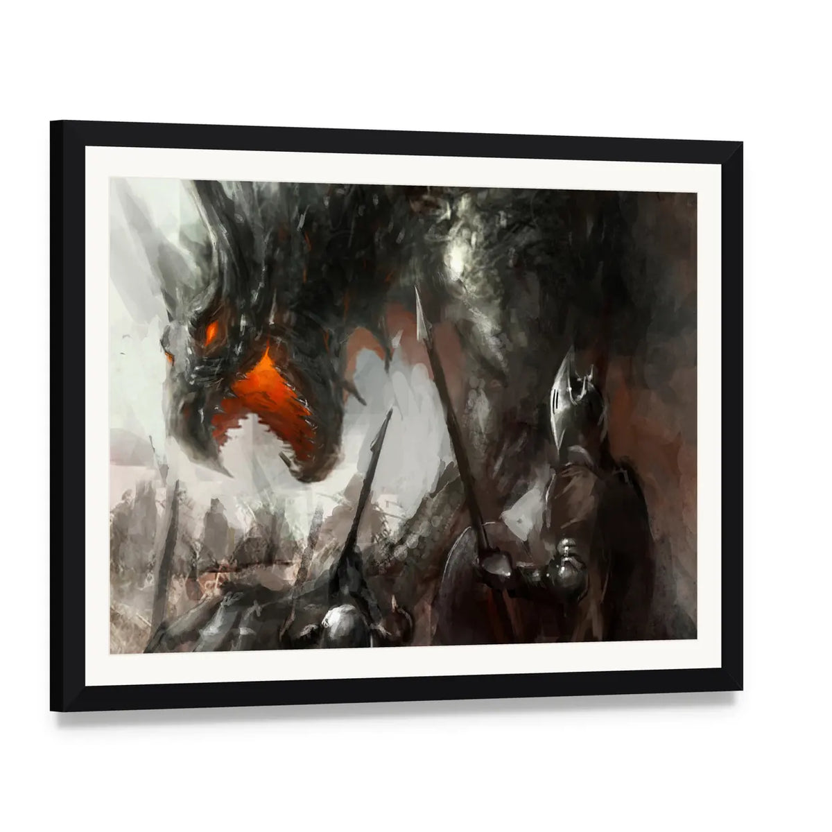 Knights Hunting Dragon Canvas Wall Art, framed print with white mat and black frame, angled product view