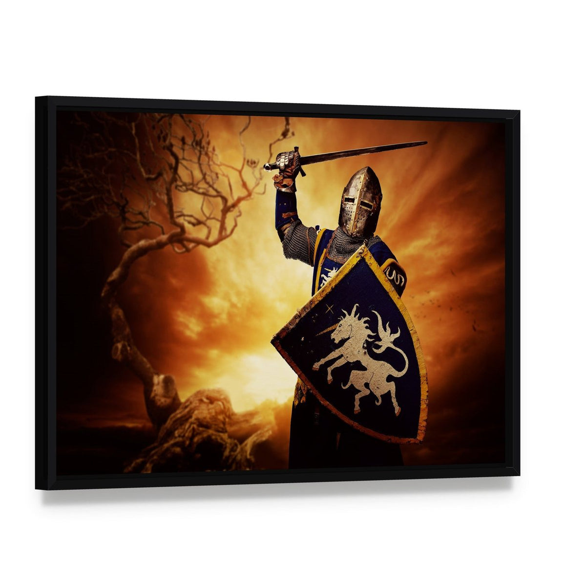 Medieval Knight with Unicorn Shield Canvas Wall Art, framed canvas in a black floater frame, angled product view
