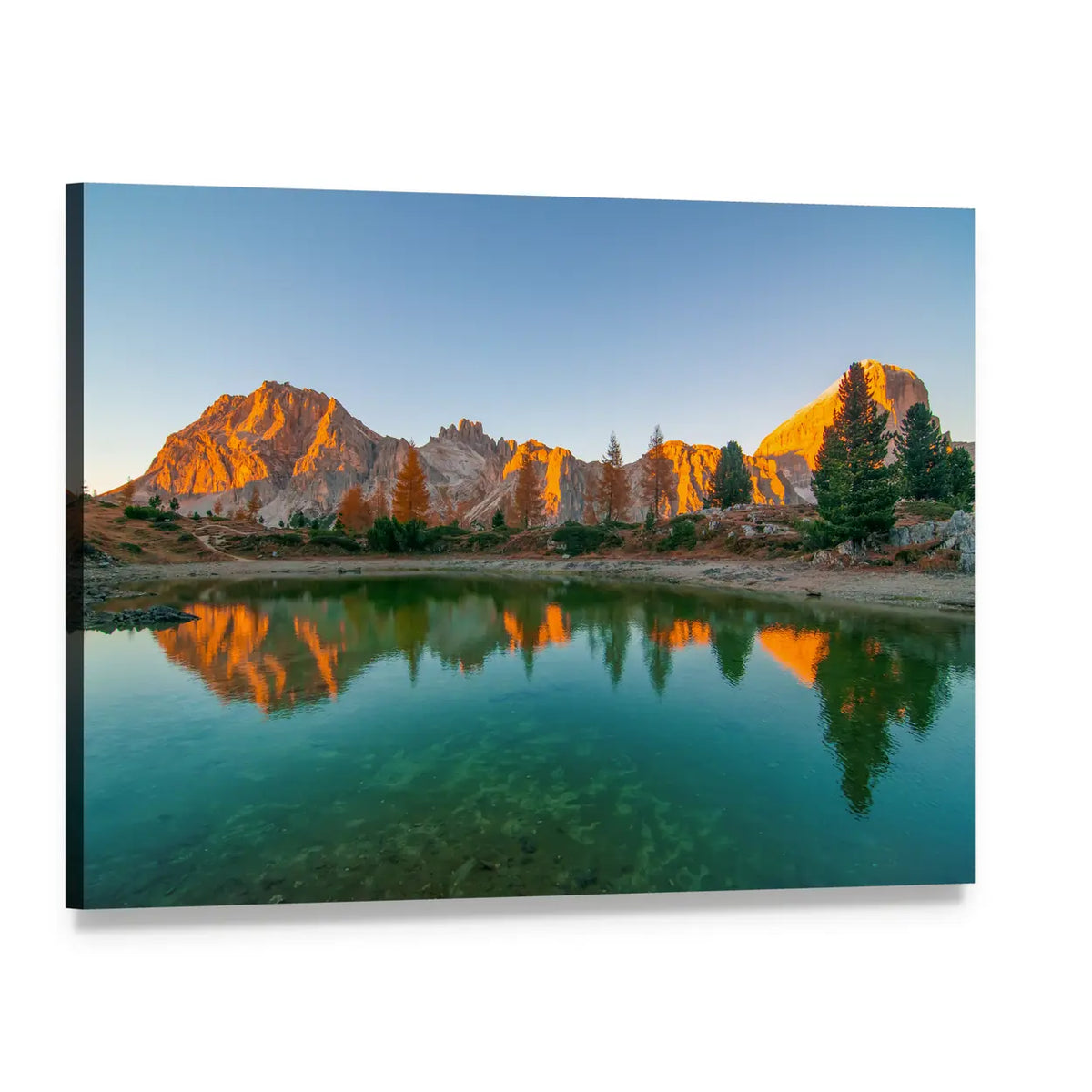 Limides Lake Reflection at Golden Hour Canvas Wall Art, single panel gallery wrapped canvas, angled product view