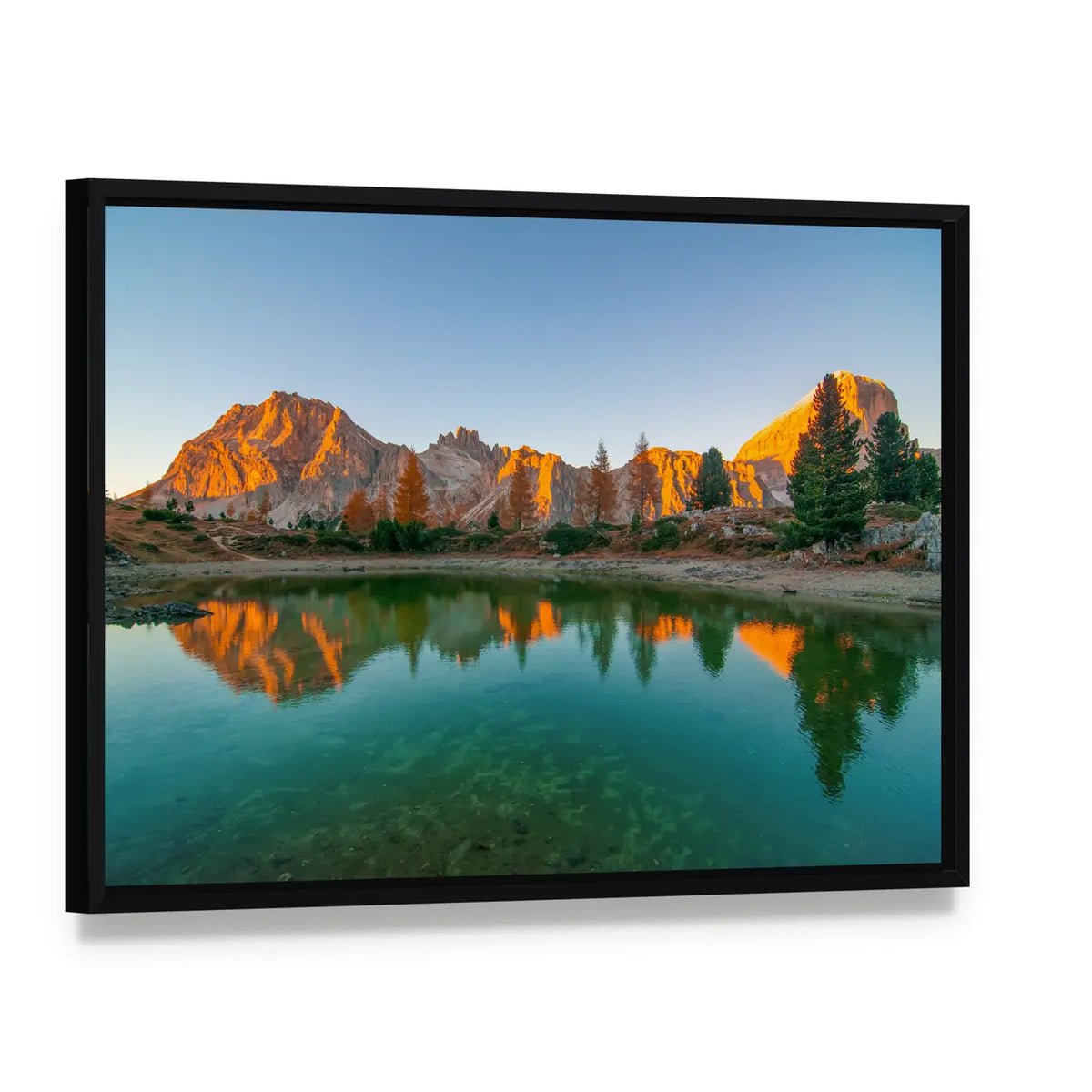 Limides Lake Reflection at Golden Hour Canvas Wall Art, framed canvas in a black floater frame, angled product view