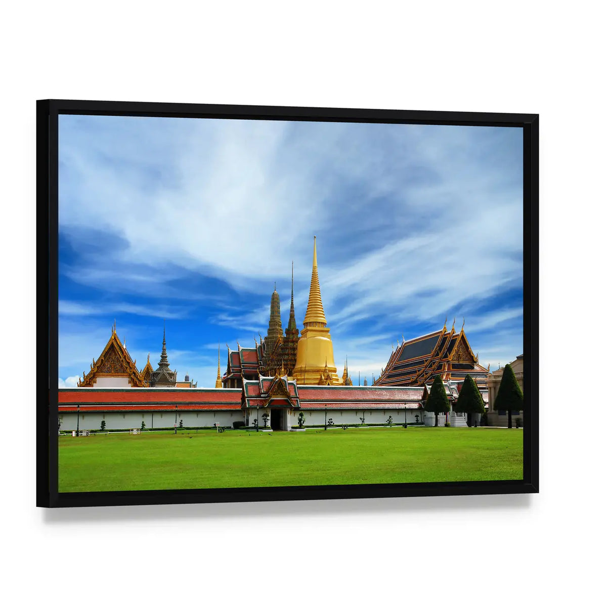 Wat Phra Kaeo Emerald Buddha Temple In Bangkok Canvas Wall Art, framed canvas in a black floater frame, angled product view