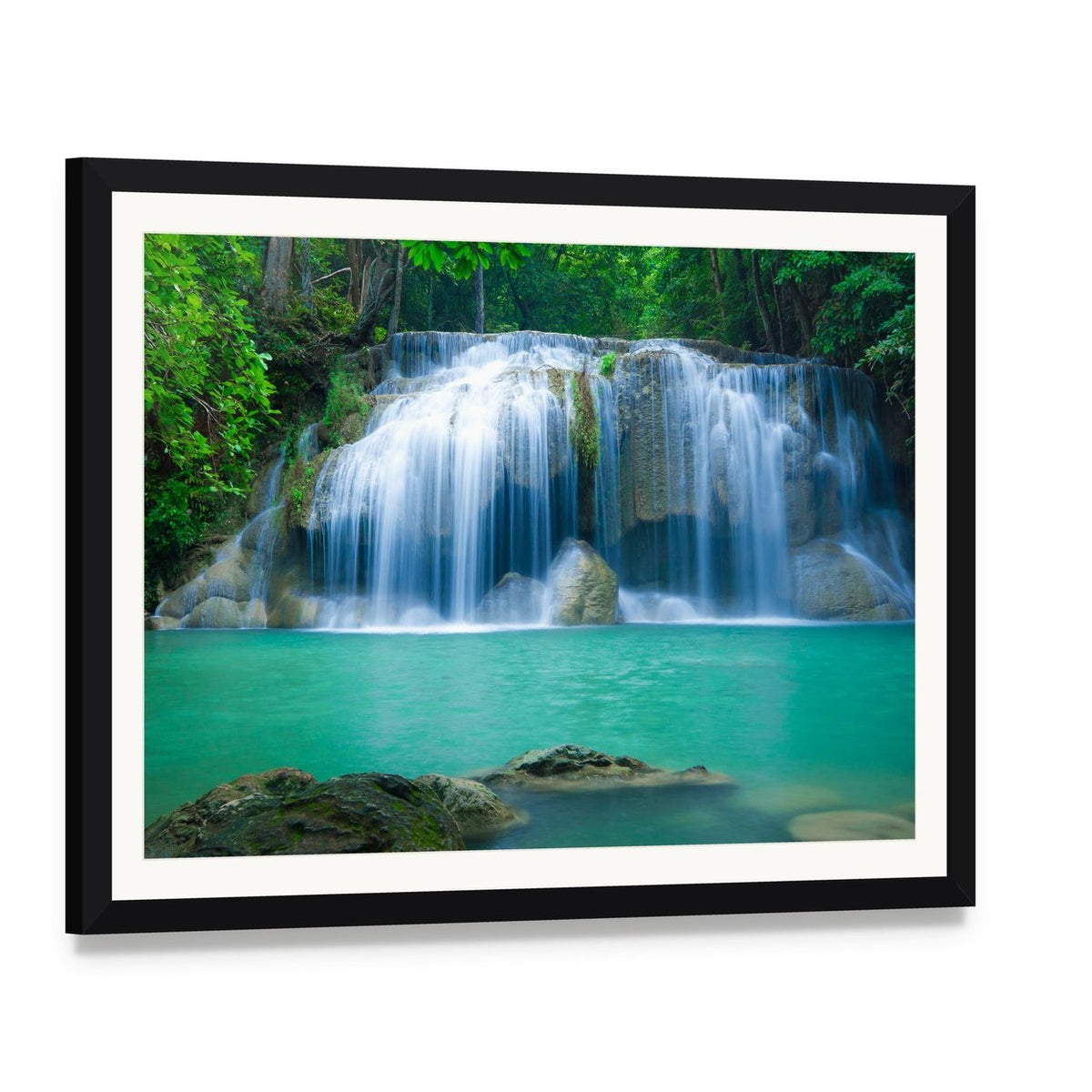 Green Waterfall Canvas Wall Art, framed print with white mat and black frame, angled product view