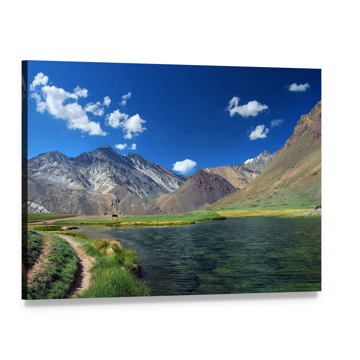 Mountain Lake with Snow-capped Peaks Canvas Wall Art, single panel gallery wrapped canvas, angled product view
