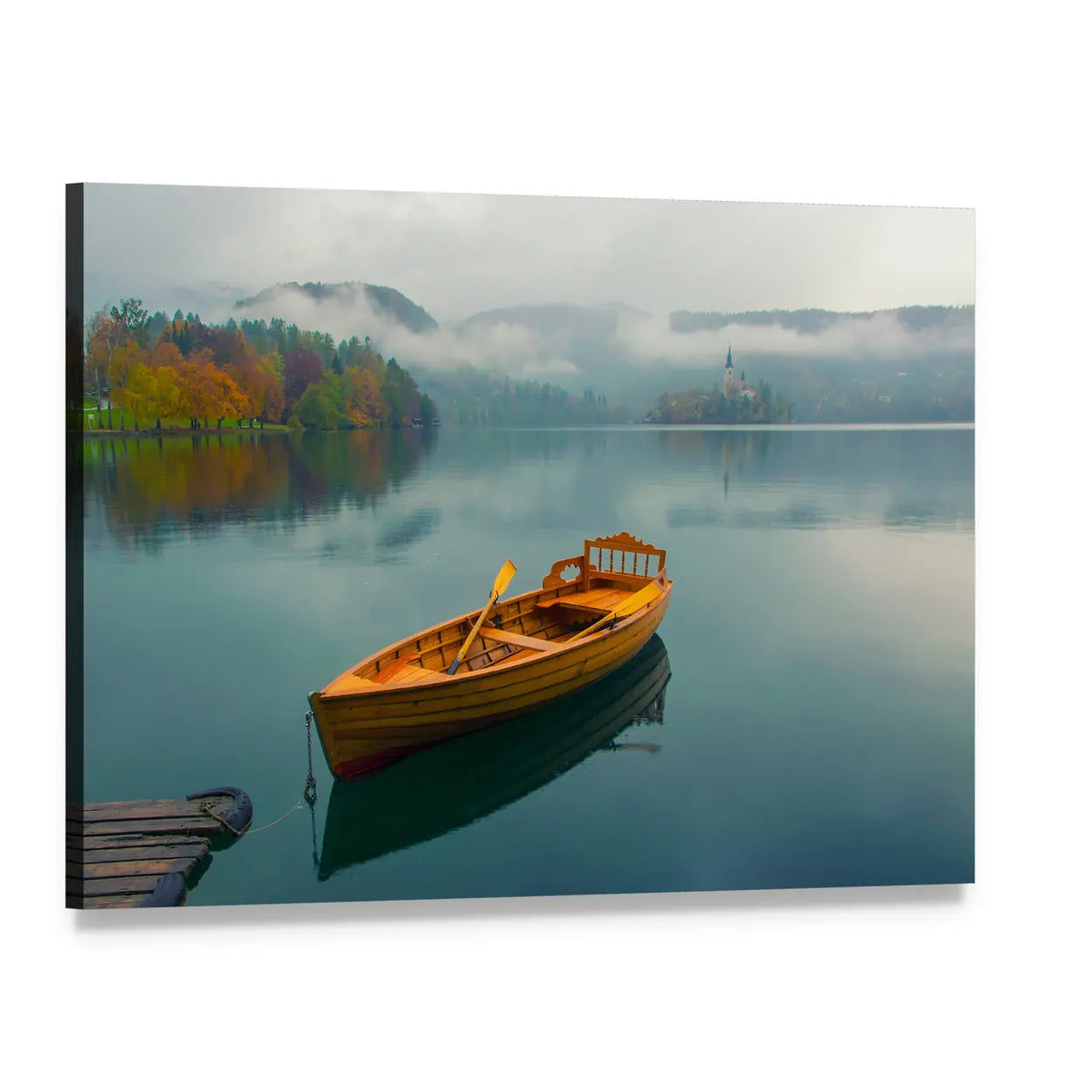 Lonely Boat on Lake Bled Canvas Wall Art, single panel gallery wrapped canvas, angled product view