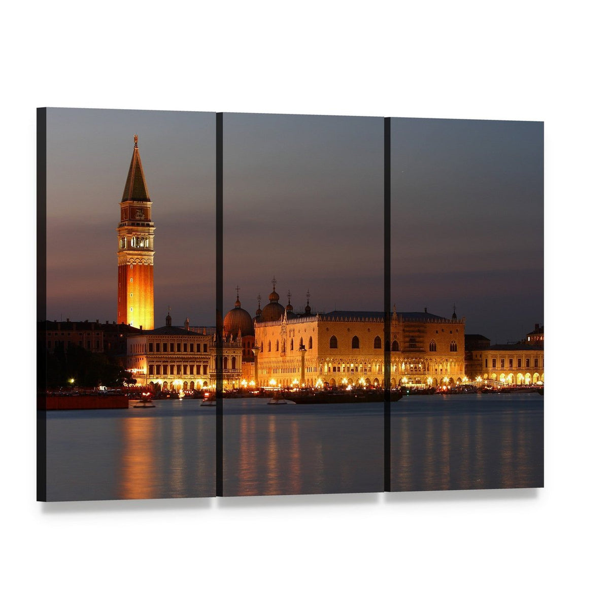 Venice Sunset with Illuminated Canals Canvas Wall Art, 3 panel 3 Horizontal layout gallery wrapped canvas set, angled product view