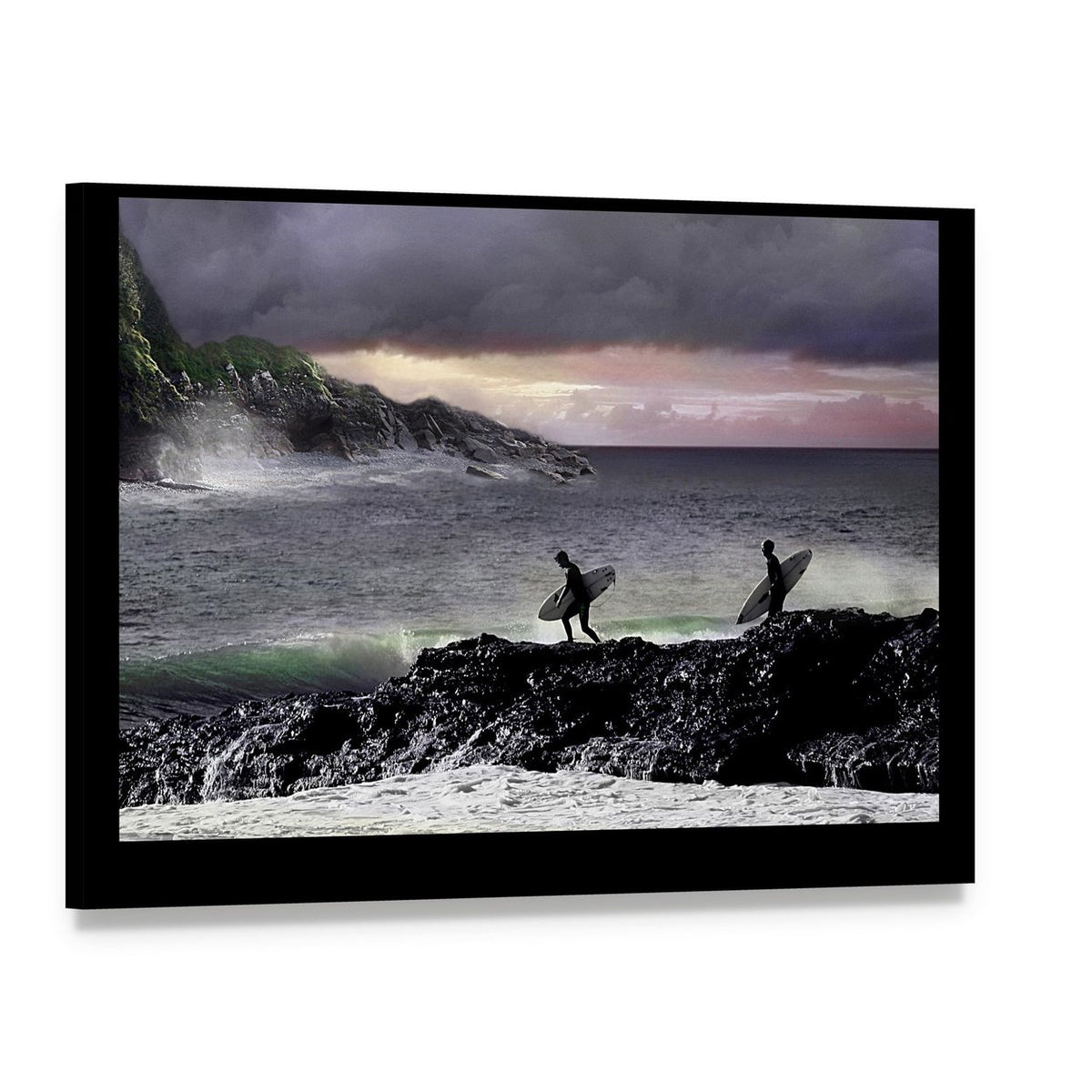 Surfers Walking on Rocks Canvas Wall Art, single panel gallery wrapped canvas, angled product view