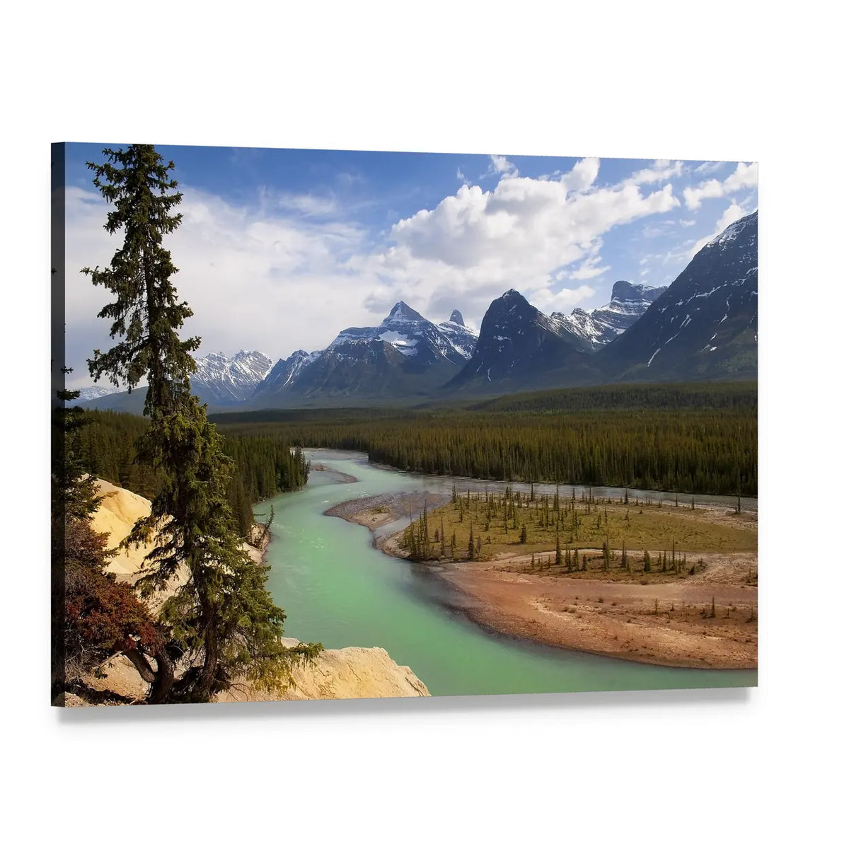River at the Foot of the Canadian Rockies Canvas Wall Art, single panel gallery wrapped canvas, angled product view