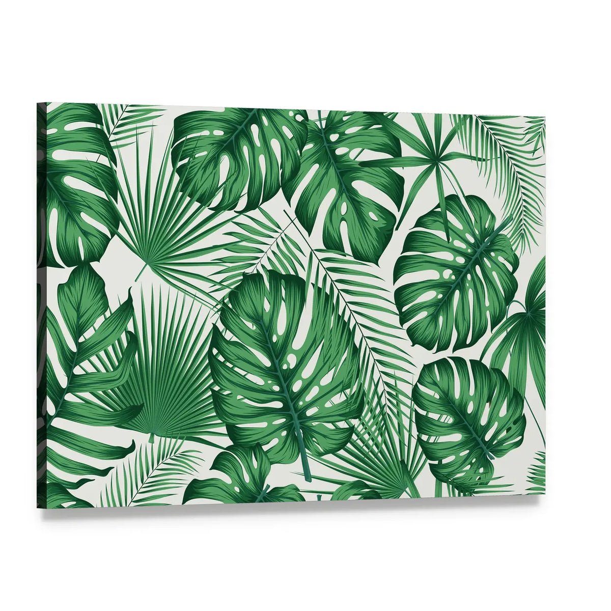 Monstera and Palm Leaves Pattern Canvas Wall Art, single panel gallery wrapped canvas, angled product view