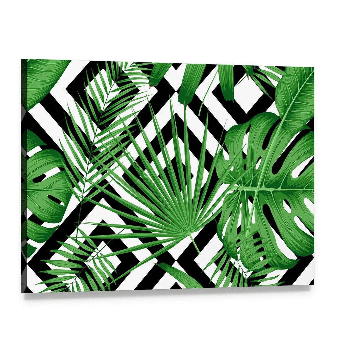 Geometric Tropical Leaves Pattern Canvas Wall Art, single panel gallery wrapped canvas, angled product view