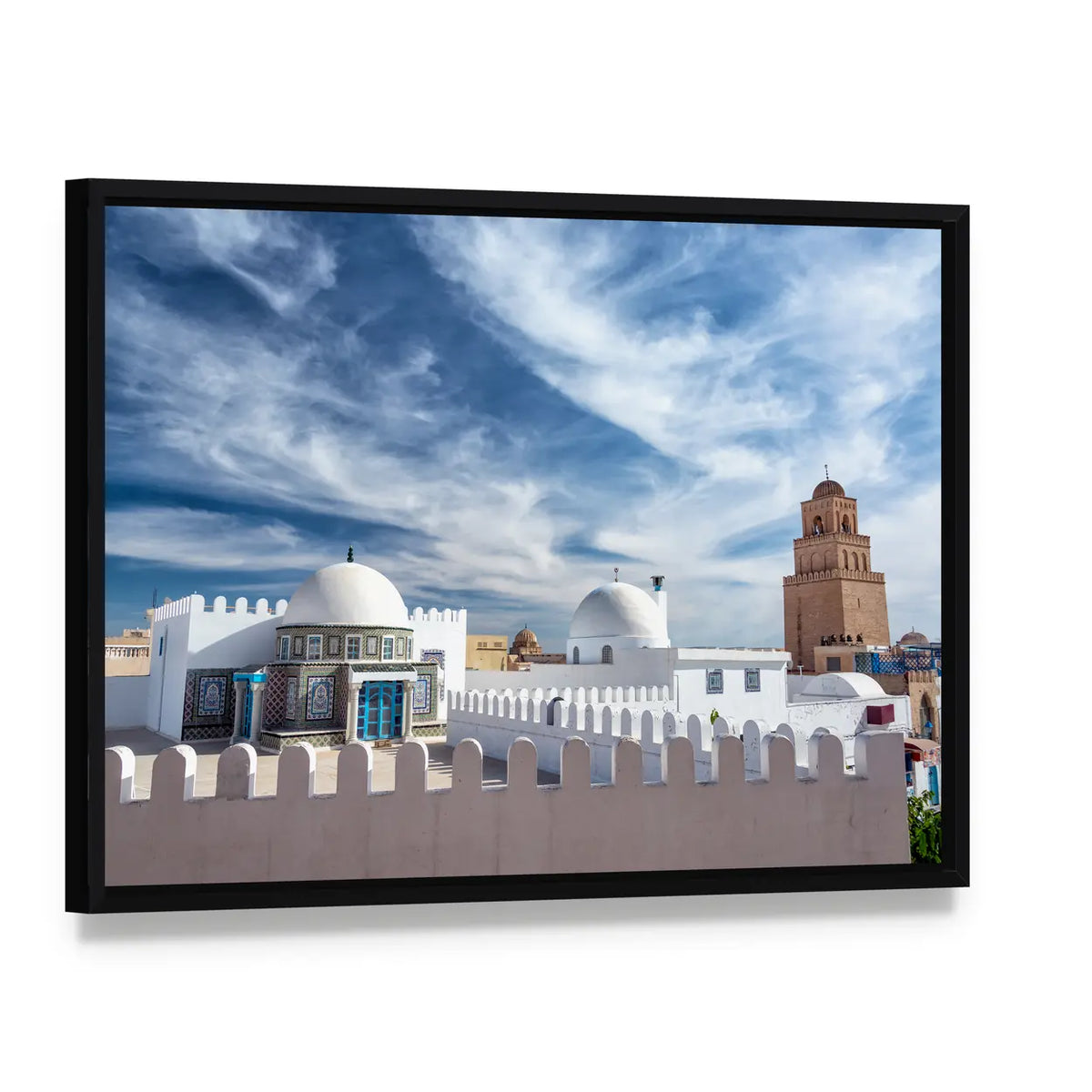 Great Mosque In Kairouan Tunisia Canvas Wall Art, framed canvas in a black floater frame, angled product view