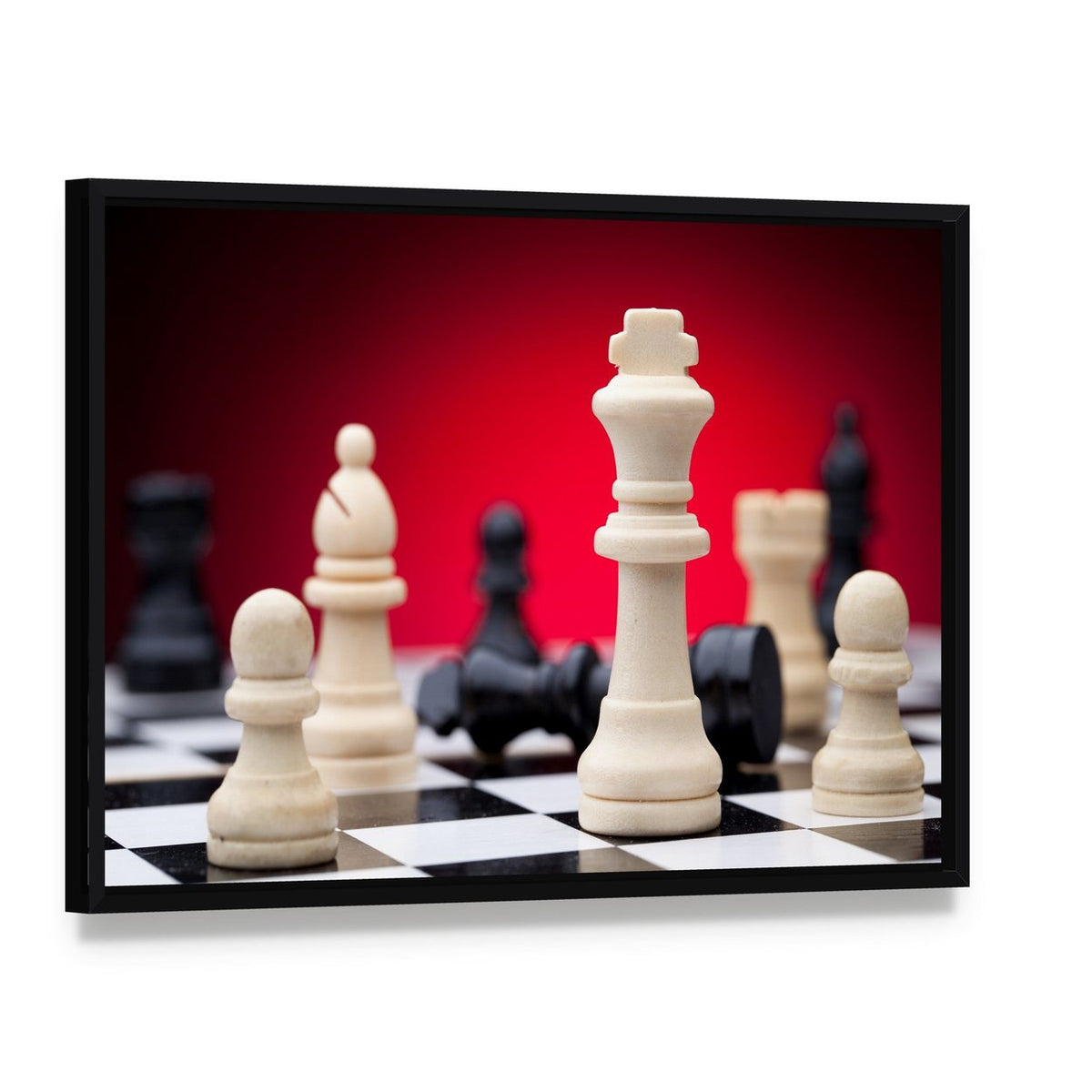 Chess Pieces Canvas Wall Art, framed canvas in a black floater frame, angled product view