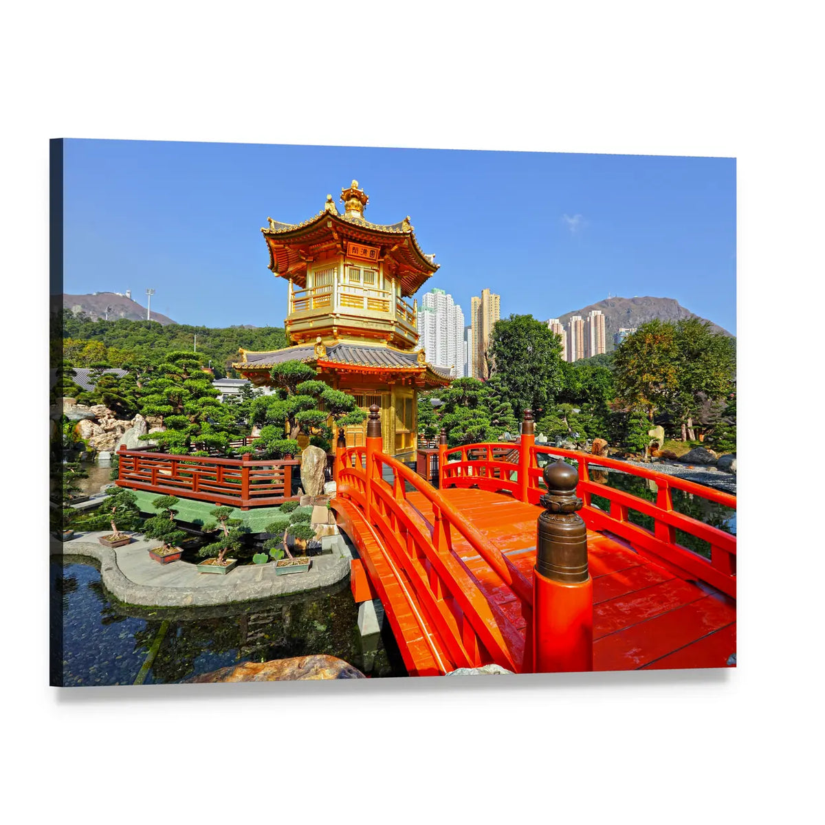 Gold Pavilion in Chinese Garden Canvas Wall Art, single panel gallery wrapped canvas, angled product view