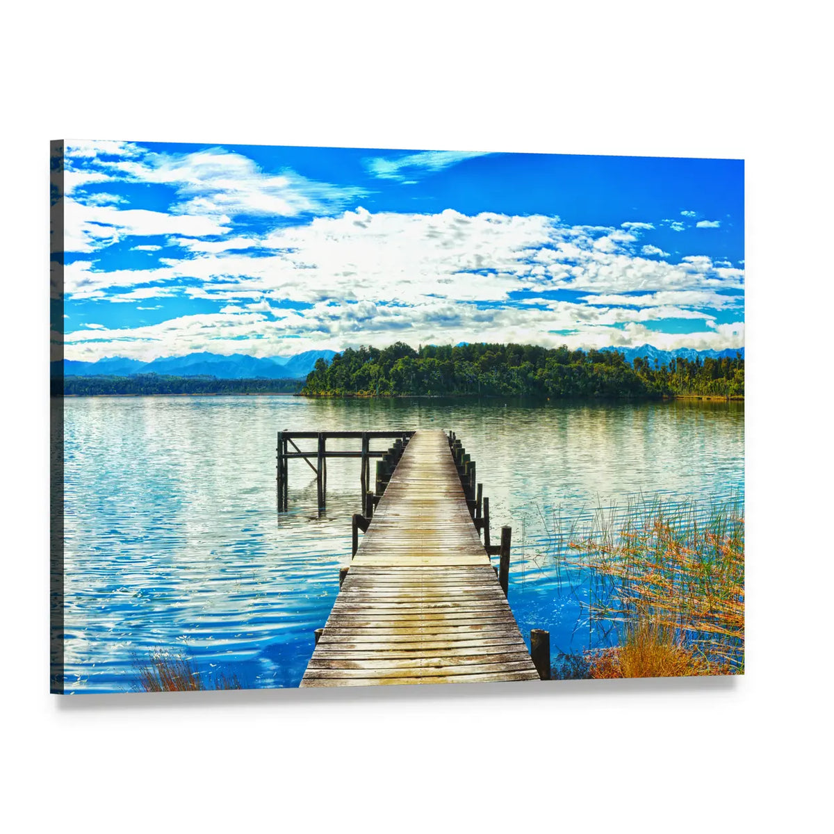 Lake Mahinapua Wooden Pier Canvas Wall Art, single panel gallery wrapped canvas, angled product view