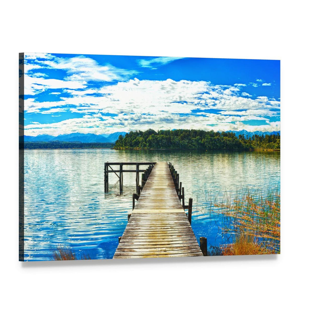 Wooden Dock at Lake Mahinapua Canvas Wall Art, single panel gallery wrapped canvas, angled product view