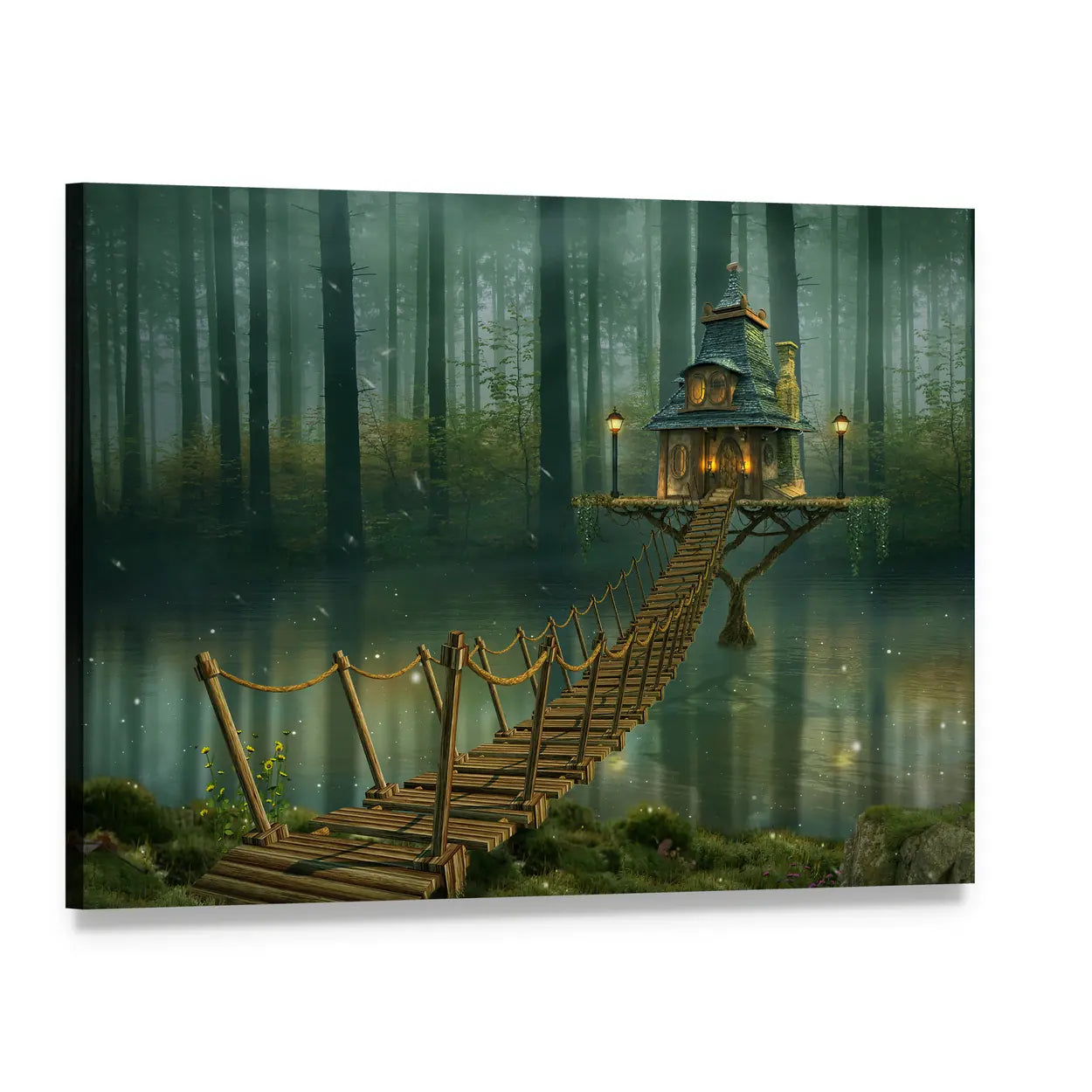Fairy House on Tree Trunk with Rope Bridge Canvas Wall Art, single panel gallery wrapped canvas, angled product view