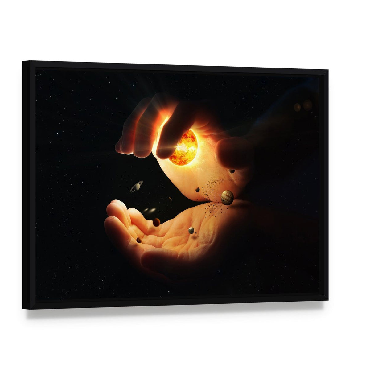 Solar System Held in Hands Canvas Wall Art, framed canvas in a black floater frame, angled product view