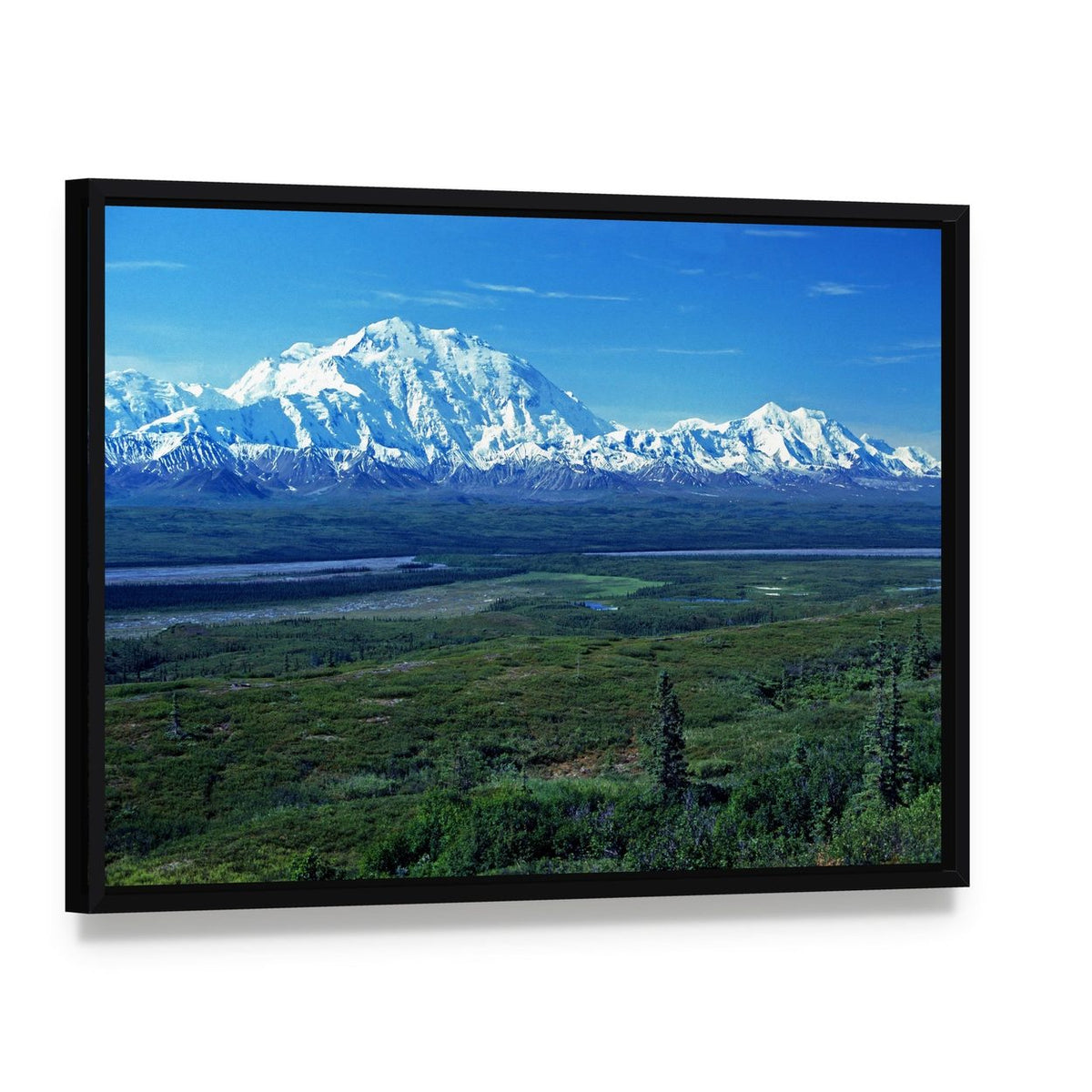 Mt Mckinley and Meandering Lake Canvas Wall Art, framed canvas in a black floater frame, angled product view
